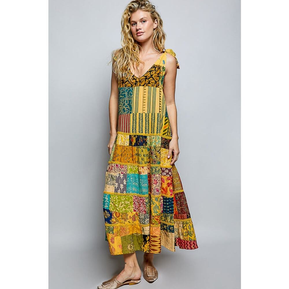 POL Patchwork Tie Strap Maxi Dress Size Small Boho Cottagecore‎ NWOT